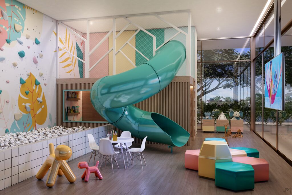 Brinquedoteca em condomínio residencial com brinquedos educativos e espaço colorido para crianças.