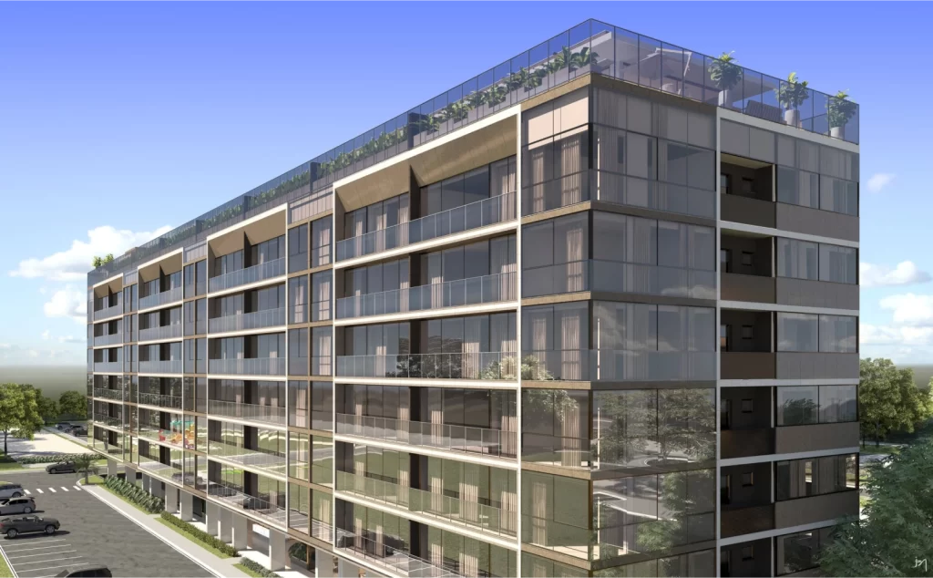 Fachada moderna de empreendimento residencial no Sudoeste, bairro nobre de Brasília, destacando arquitetura moderna e área verde ao redor.