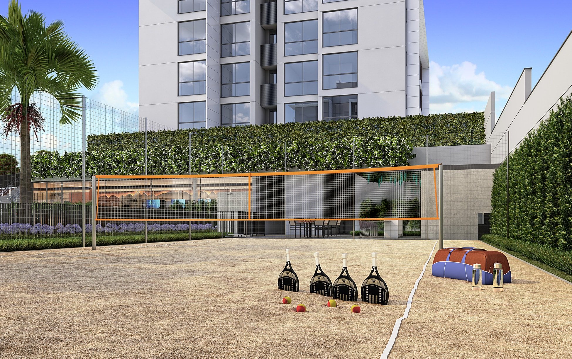 Quadra de beach tennis em empreendimento de alto padrão da Base Incorporações