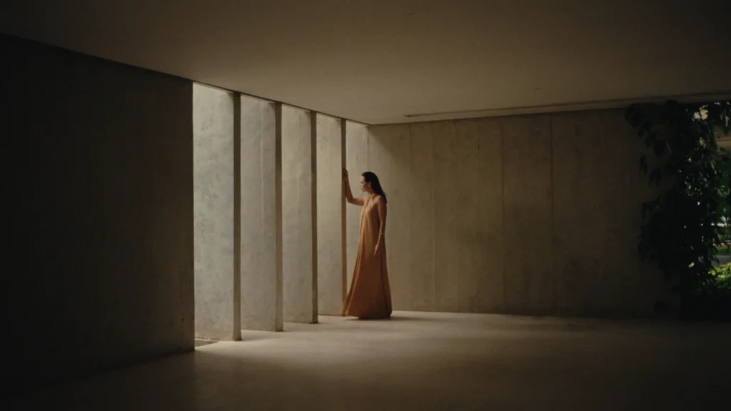 Mulher em pé apoiando-se nas colunas do Genius Loci